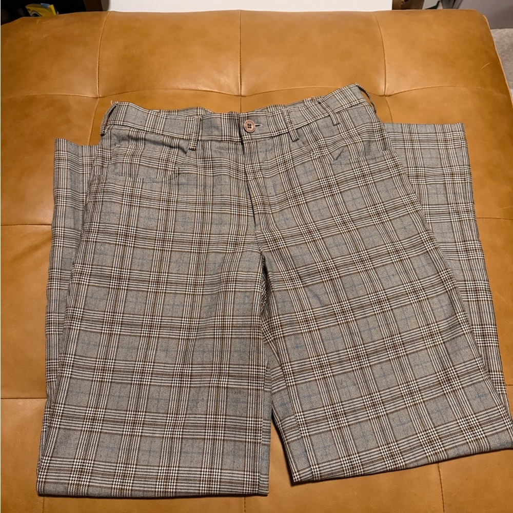Ben Sherman Camel, Blue, Black and Cream Plaid Dress Pants W/ Wide Leg 30 Short